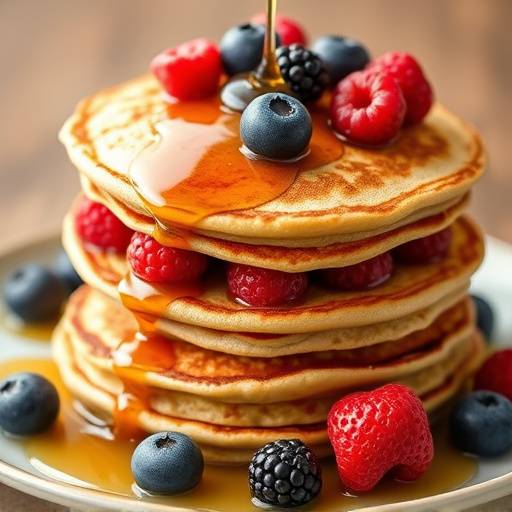 A stack of fluffy whole wheat pancakes topped with fresh berries and a drizzle of maple syrup
