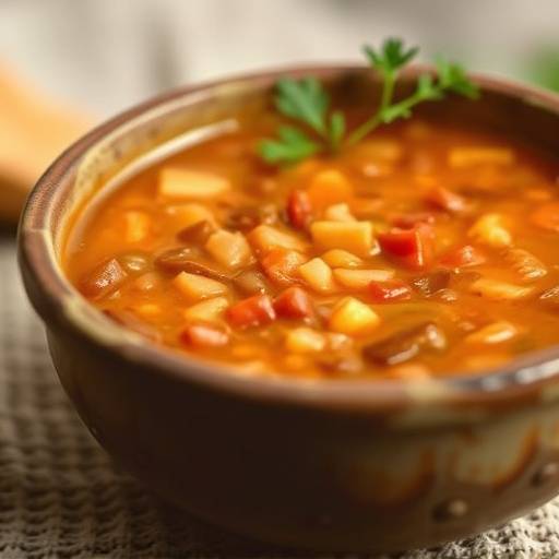 Close-up of a hearty Lentil Soup in a rustic bowl