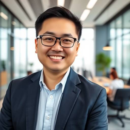 David Chen, Head of Technology at WellnessWise, pictured in a modern office setting, focused on his work.