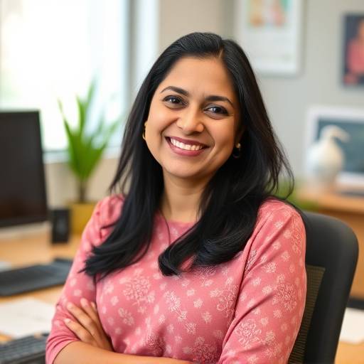 Dr. Anya Sharma, Chief Medical Officer at WellnessWise, smiling warmly in her office.
