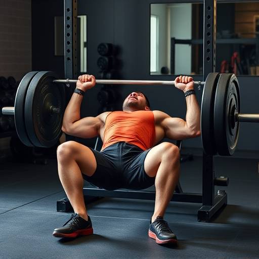 Man performing a bench press with a barbell, showing proper technique
