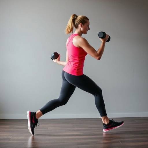 Person doing walking lunges with dumbbells in hand